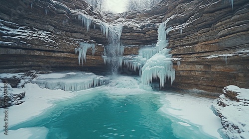 Frozen waterfall cascading into icy pool within a snow-covered canyon. photo