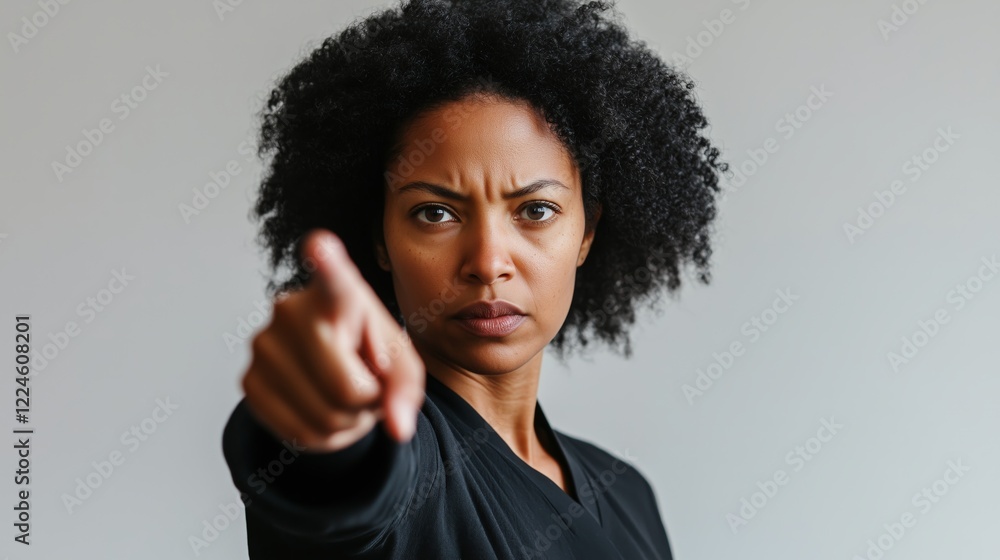 A woman pointing with a determined expression, isolated on a plain background. AI generated A woman pointing with a determined expression, isolated on a plain background. AI generated