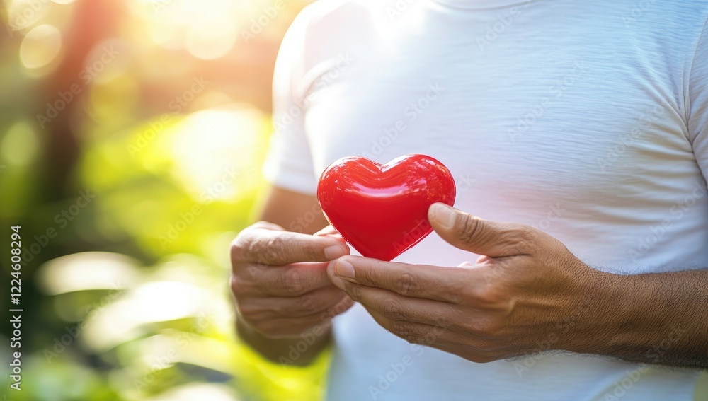 Fototapeta premium Man’s Hand Holding 3D Red Heart Symbolizing Care, Love, and Valentine’s Day, Wearing White T-Shirt in Outdoor Park with Blurred Bokeh Background