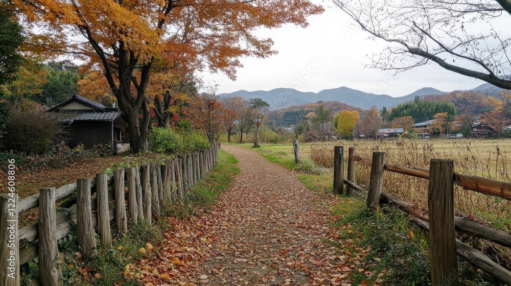 Fototapeta premium A peaceful countryside with a rustic fence and autumn leaves scattered along a narrow path.