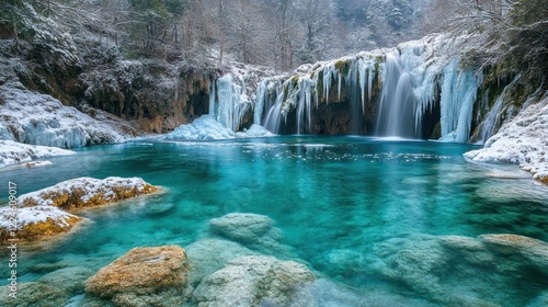 Frozen waterfall cascading into a crystal-clear turquoise pool.