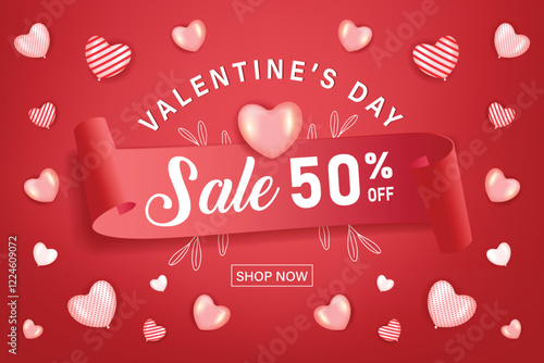 Valentine's Day Sale 50% off Poster or banner with sweet hearts and on red background. Promotion and shopping template or background for Love and Valentine's day concept. Vector illustration