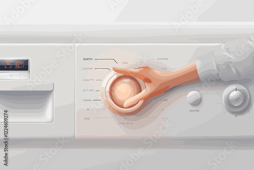 Finger Pressing Start Button on Modern White Washing Machine