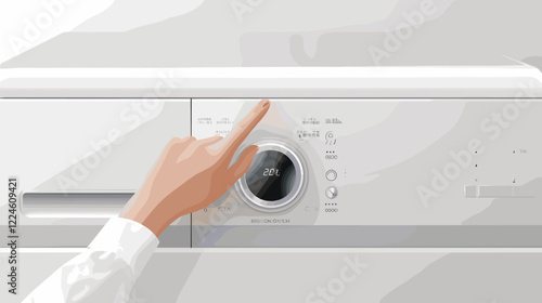 Finger Pressing Start Button on Modern White Washing Machine