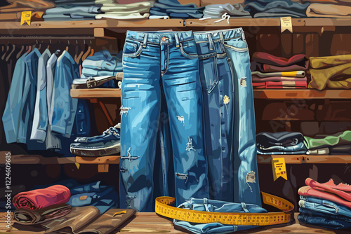 Folded Jeans with Measuring Tape in Clothing Store, Wooden Shelves and Interior Display