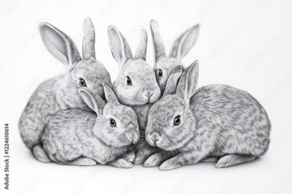 Obraz premium Five adorable rabbits huddle together, creating a heartwarming scene captured in a detailed pencil sketch