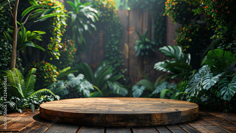 Wooden Pedestal in a Sunlit Jungle with Dense Foliage and Natural Light Wooden Pedestal in a Sunlit Jungle with Dense Foliage and Natural Light
