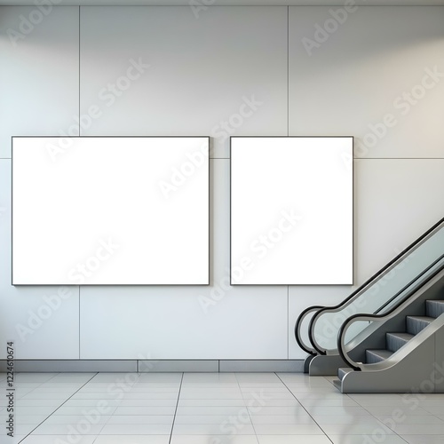 Two horizontal billboards mockup positioned on a smooth, white wall adjacent to a modern subway escalator, featuring sleek lines and minimalistic design. The lighting is bright and even, emphasizing t