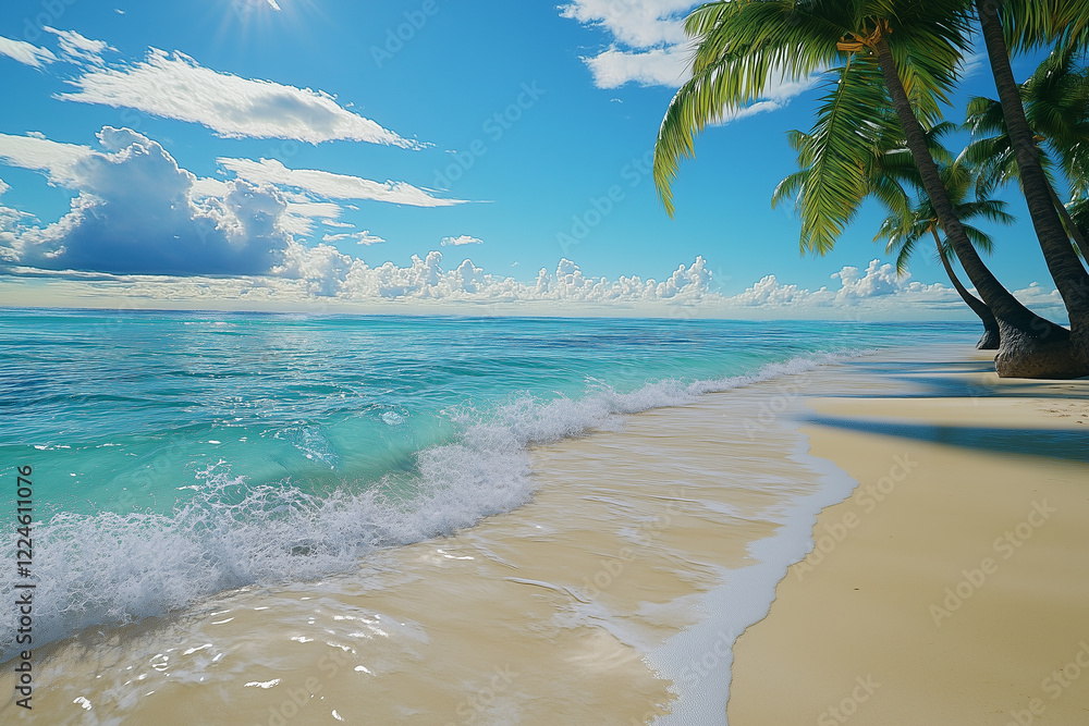 Tranquil Tropical Beach Scene Azure Ocean Waves Lap Gently on a Pristine White Sand Shore Under a Tranquil Tropical Beach Scene Azure Ocean Waves Lap Gently on a Pristine White Sand Shore Under a
