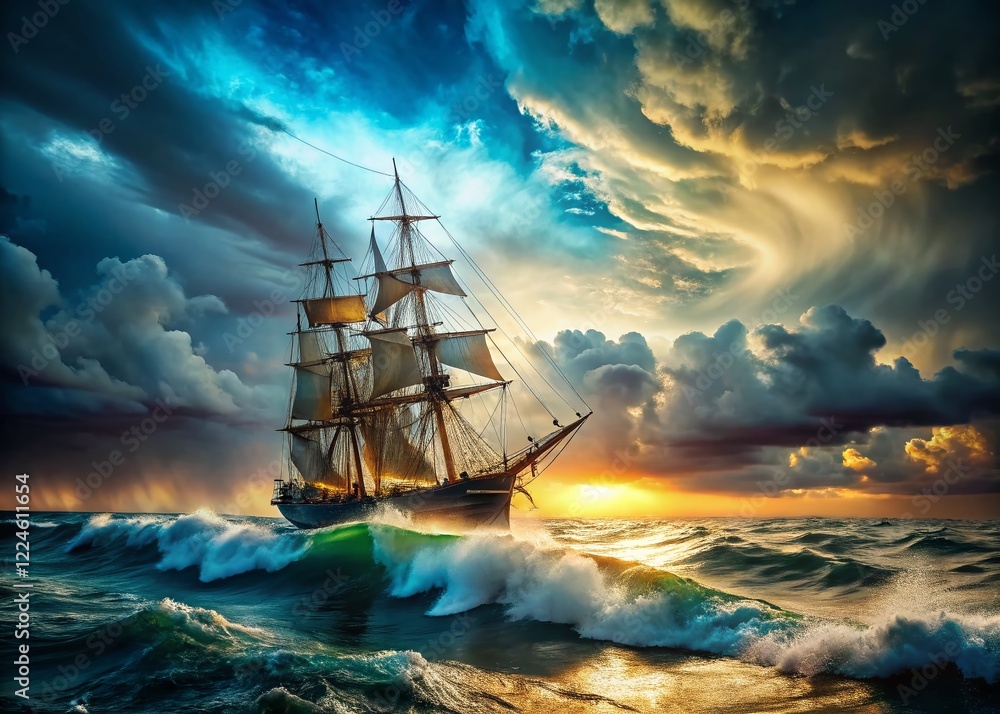 Fototapeta premium Dramatic Sailing Ship Battling Stormy Seas, Epic Ocean Waves, Copy Space
