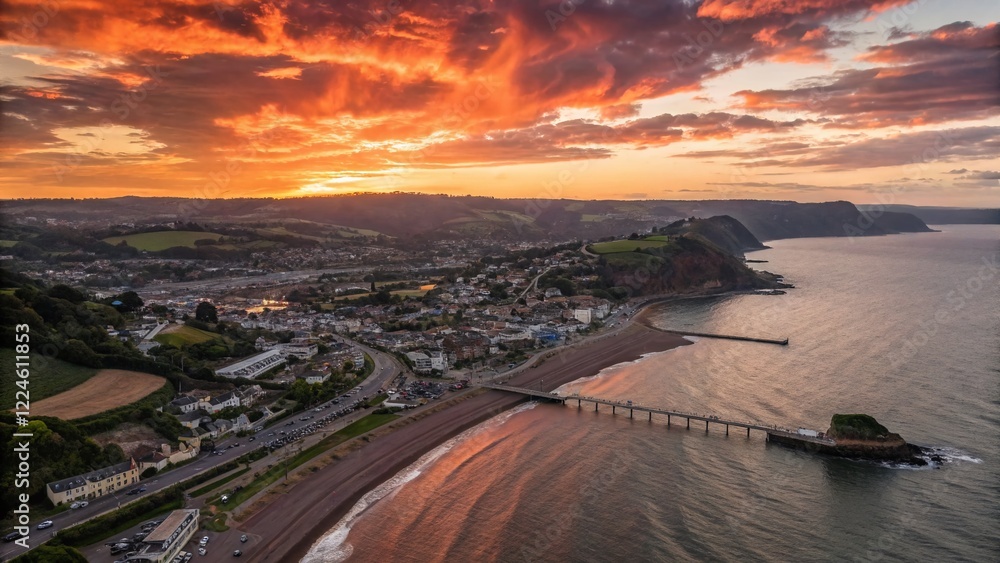 Fototapeta premium Dramatic Silhouette Aerial Drone View of Teignmouth, Devon Coastline at Sunset