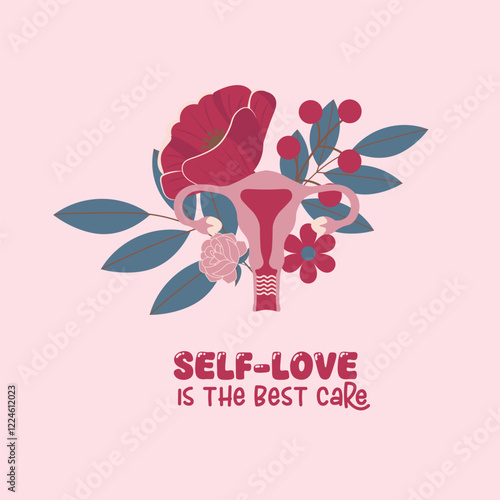 Flat-style card of a female reproductive system surrounded by flowers and leaves with the motivational phrase "Self-love is the best care." Perfect for promoting self-care, feminine health awareness