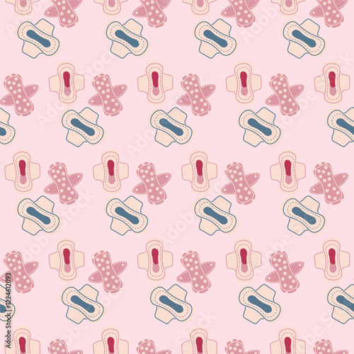 Seamless pattern with feminine hygiene pads in flat style. Soft pastel tones, decorative design. Ideal for health, wellness, or educational materials, stationery, and textile prints.