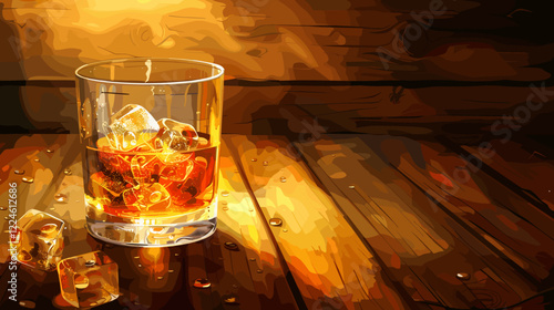 Glass of whiskey with ice cubes on rustic wooden table, spirits and alcohol concept