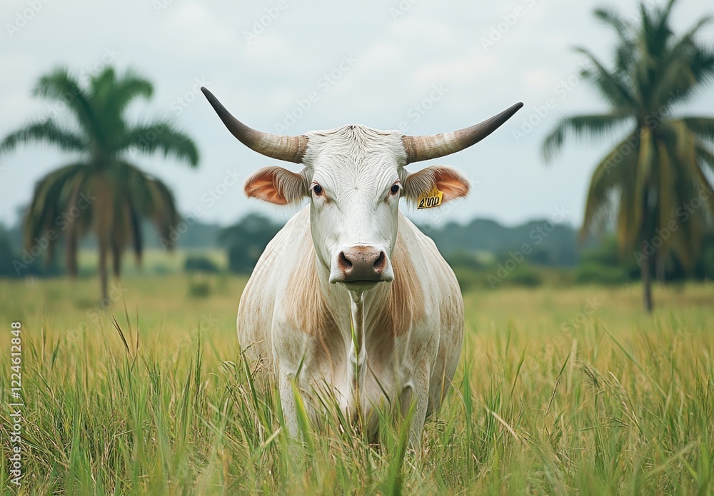 Serene White Cow Grazing in Lush Green Field Surrounded by Palm Trees Under a Bright Cloudy Sky Captured in a Rural Landscape Setting Serene White Cow Grazing in Lush Green Field Surrounded by Palm Trees Under a Bright Cloudy Sky Captured in a Rural Landscape Setting