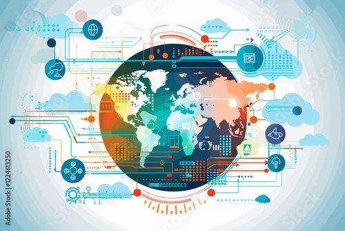 Global Cloud Computing Concept with Laptop and Network Icons on Screen