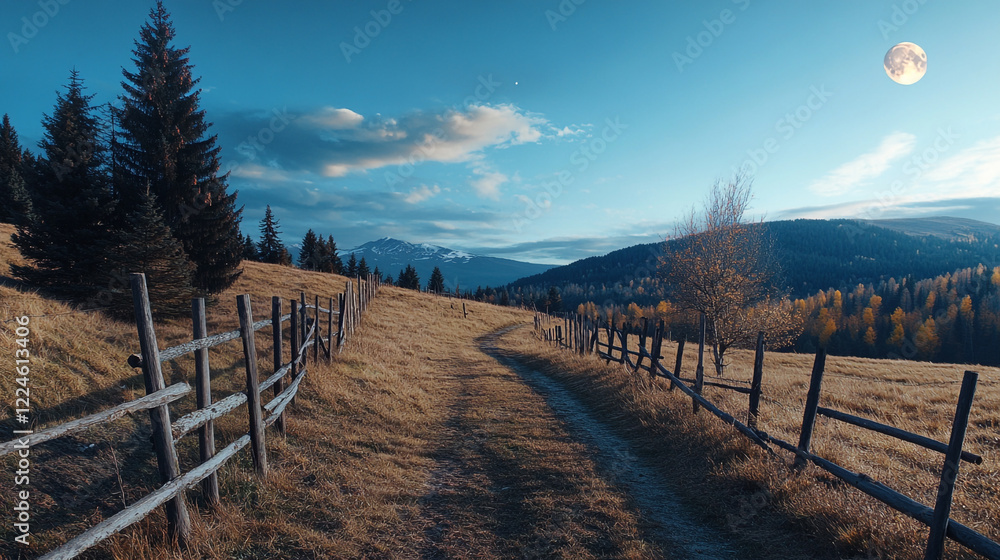 Serene Autumn Mountain Path Wooden Fence Landscape Peaceful Nature Scenery Sky Moon View Blue Trees Serene Autumn Mountain Path Wooden Fence Landscape Peaceful Nature Scenery Sky Moon View Blue Trees