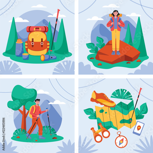Hiking compositions in flat design
