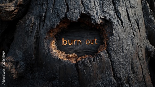 Burnout, The words 'burn out' carved into a charred tree trunk