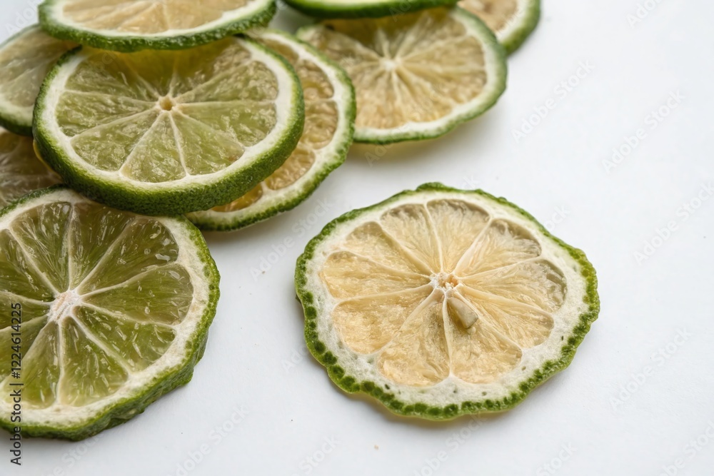 Dried Kaffir Lime Peel Slices Isolated on White Background - Culinary Ingredient Photography Dried Kaffir Lime Peel Slices Isolated on White Background - Culinary Ingredient Photography