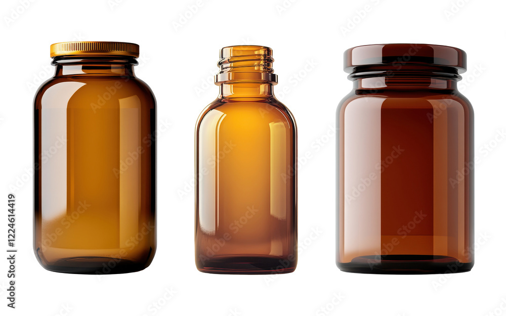 Amber Glass Bottles, Mockup of Three Different Sizes for Essential Oils or Pharmaceuticals, Isolated on White Background Cutout Amber Glass Bottles, Mockup of Three Different Sizes for Essential Oils or Pharmaceuticals, Isolated on White Background Cutout