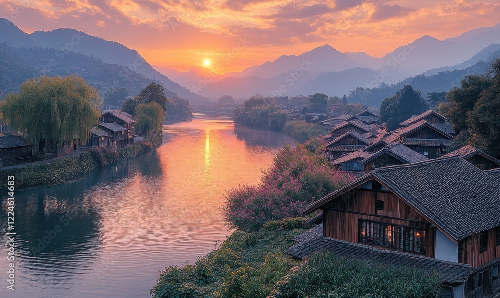 Obraz premium Sunset village river mountains houses peaceful scene.