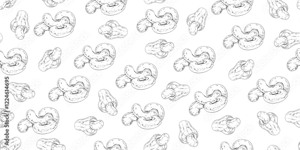Seamless pattern with cashews. Sketch style dried and young cashew. Black and white vintage background with nuts Seamless pattern with cashews. Sketch style dried and young cashew. Black and white vintage background with nuts