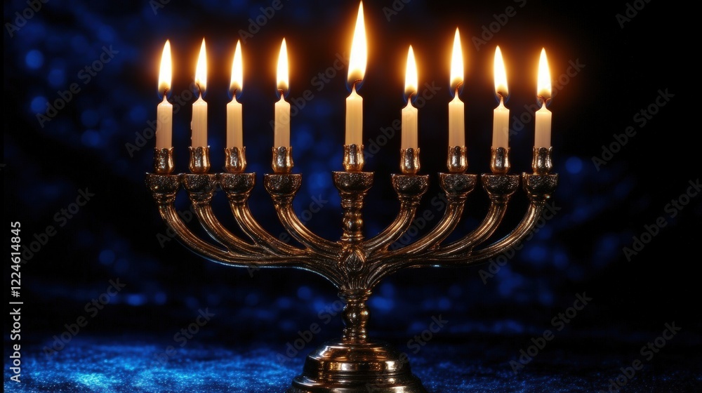 A shimmering hanukkah menorah featuring eight candles radiating warmth against a serene blue background, creating an inviting atmosphere for your joyful celebrations A shimmering hanukkah menorah featuring eight candles radiating warmth against a serene blue background, creating an inviting atmosphere for your joyful celebrations