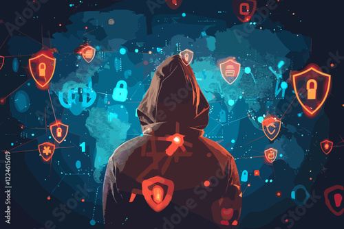 Hacker in hood on global network background with shield and lock icons representing cyber attack and online security breach