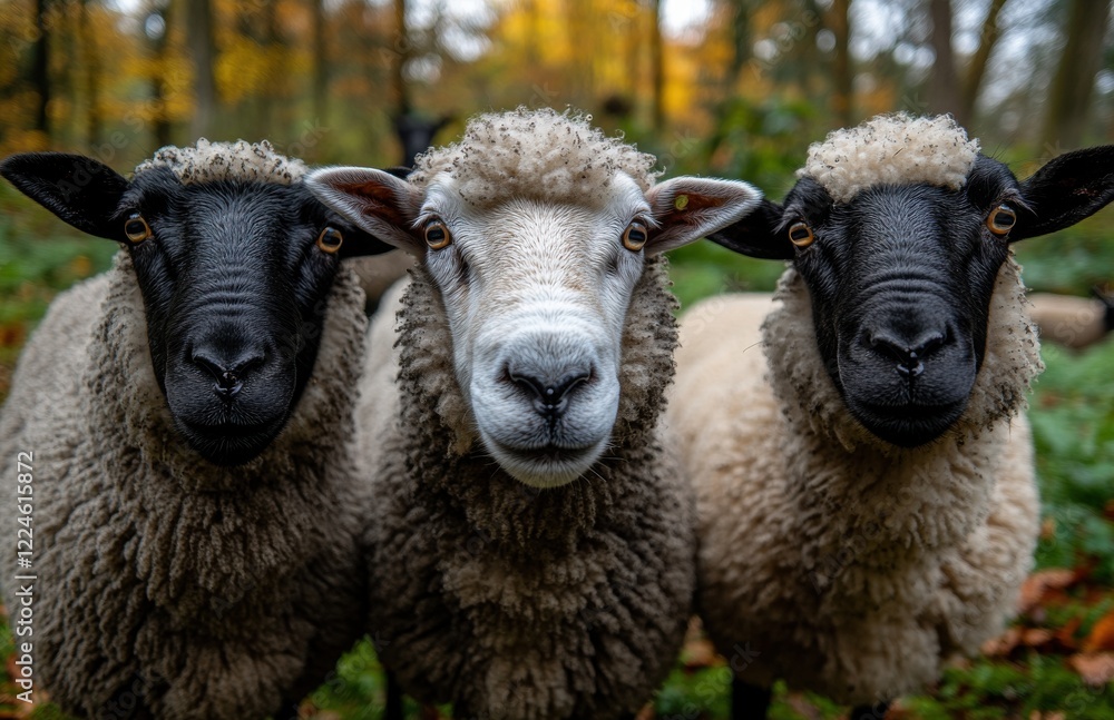 Three adorable sheep standing close together in a lush green forest during autumn season, showcasing their fluffy wool and distinctive facial features against a colorful backdrop. Three adorable sheep standing close together in a lush green forest during autumn season, showcasing their fluffy wool and distinctive facial features against a colorful backdrop.