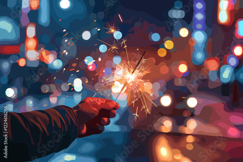 Hand gripping a glowing sparkler on a bustling city street at night, illuminating the surroundings with bright sparks