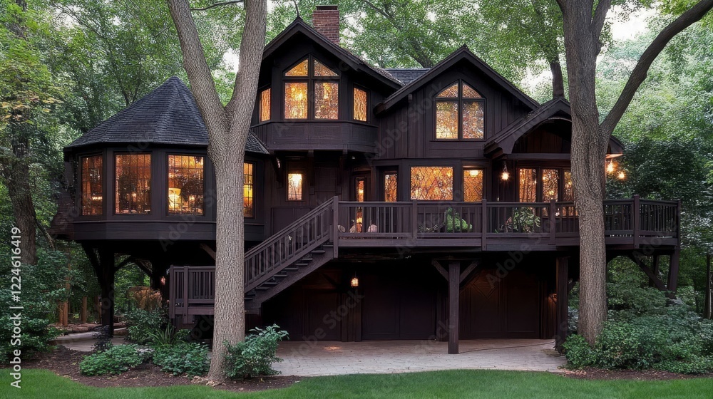 Dark Wooden Treehouse Home in Wooded Area Dark Wooden Treehouse Home in Wooded Area