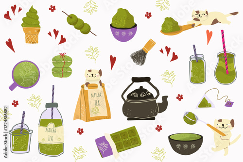 Hand drawn flat matcha tea element set
