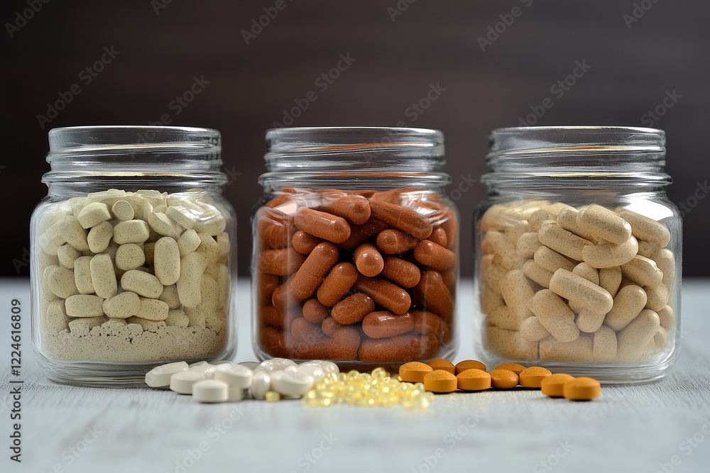 Three Glass Jars Filled with Various Pills and Capsules on a Table Three Glass Jars Filled with Various Pills and Capsules on a Table