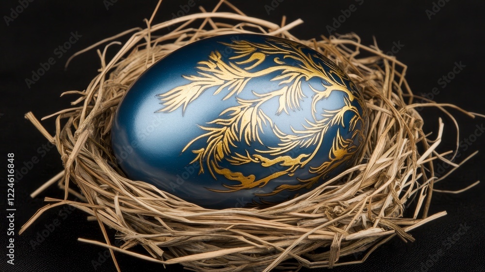 Decorated Easter Egg in Rustic Nest on Dark Background Decorated Easter Egg in Rustic Nest on Dark Background
