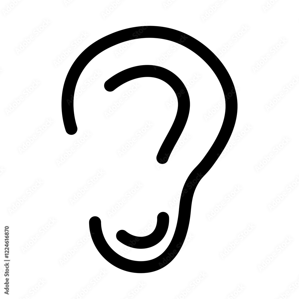 Illustration showing a black icon of a human ear (hearing) on a white background
Illustration showing a black icon of a human ear (hearing) on a white background