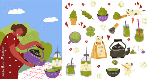 Hand drawn flat matcha tea icons with illustration