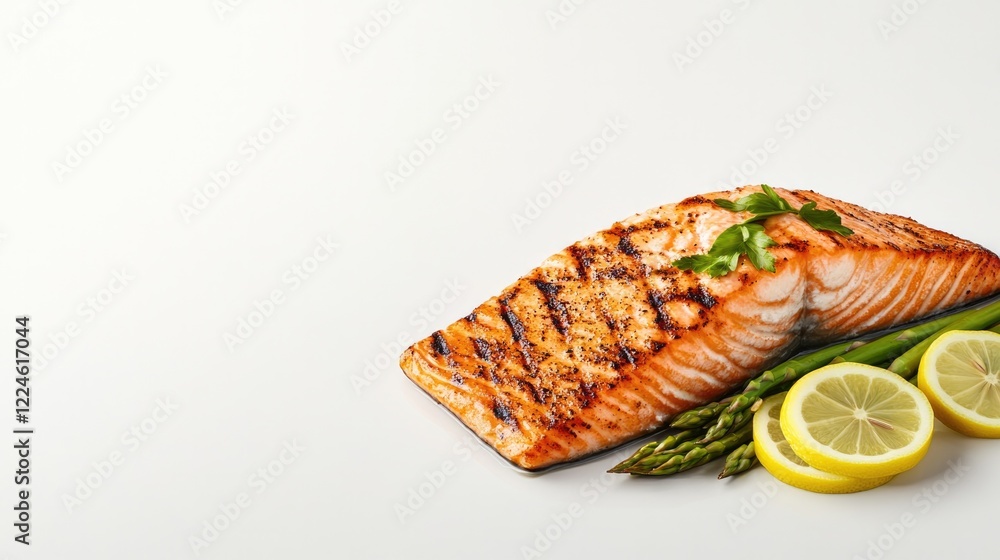 Grilled salmon fillet garnished with fresh herbs and lemon slice Grilled salmon fillet garnished with fresh herbs and lemon slice
