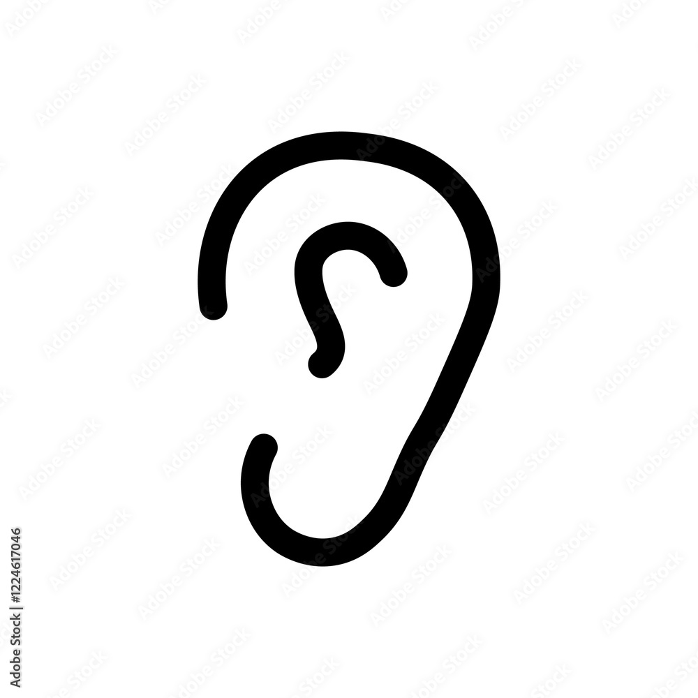 Illustration showing a black icon of a human ear (hearing) on a white background
Illustration showing a black icon of a human ear (hearing) on a white background