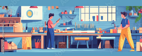 Vector art of a creative workshop environment with craftsmen.