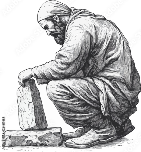 Monochrome vector artwork of a man stacking stones.
