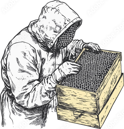 Vector art of beekeeper inspecting honeycomb hive with protective suit.