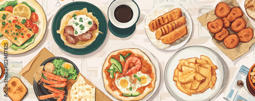 Delicious breakfast feast vector with diverse dishes and coffee.