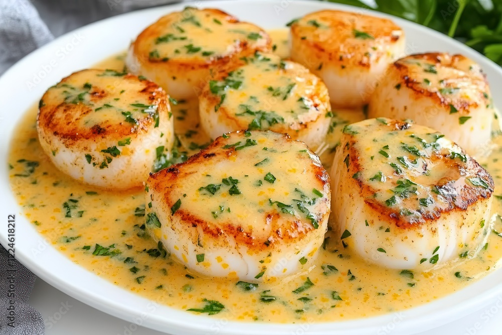 Scallop: A fine dining seafood delicacy. Delicious scallops in a creamy sauce garnished with herbs. Scallop: A fine dining seafood delicacy. Delicious scallops in a creamy sauce garnished with herbs.