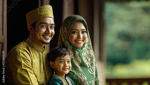 Happy Malay family, parents and son in rural kampung house, wearing green traditional clothing, baju melayu, songkok, baju kurung, tudung photo