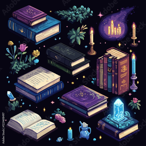 Magical books and candles vector with mystical elements.