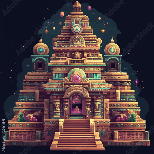 Vector art of ancient temple building with ornate architectural details.