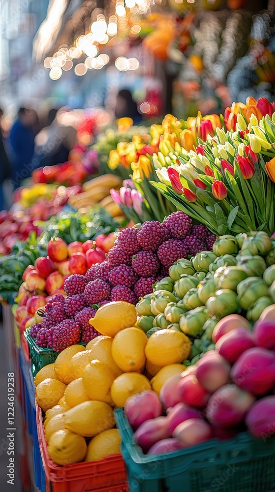 Vibrant farmers market fresh produce and bustling energy Vibrant farmers market fresh produce and bustling energy