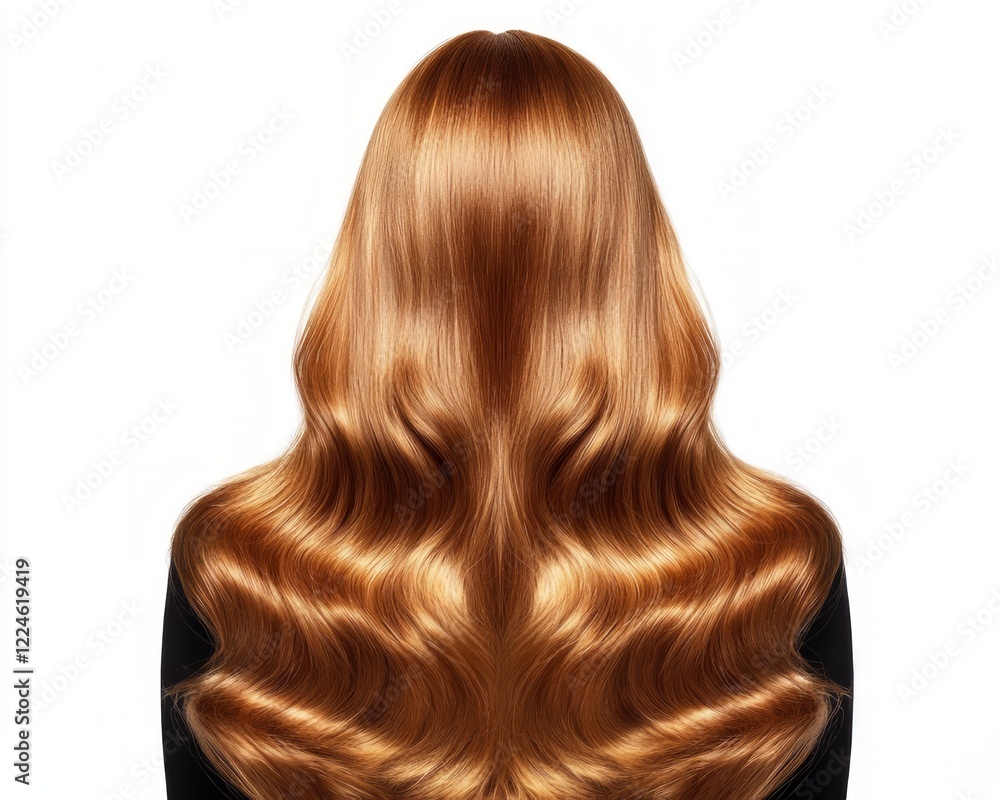 Fototapeta premium A photo of a woman from behind, showcasing long, hair styled in loose waves, set against a white background.