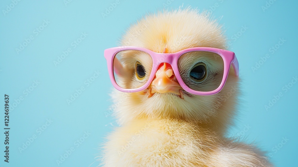 In a delightful burst of color, a fluffy yellow baby chicken dons stylish pink glasses against a soft pastel blue background, radiating an adorable charm that is hard to resist